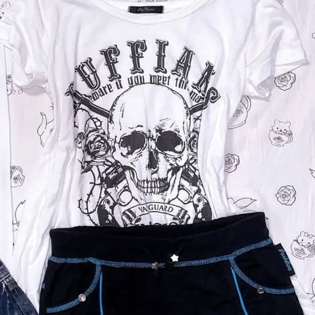 오네갸루 갸루펑크 해골 프린팅 반팔 티셔츠