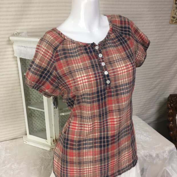 일본빈티지 모리 핑크 브라운 체크 퍼프 블라우스