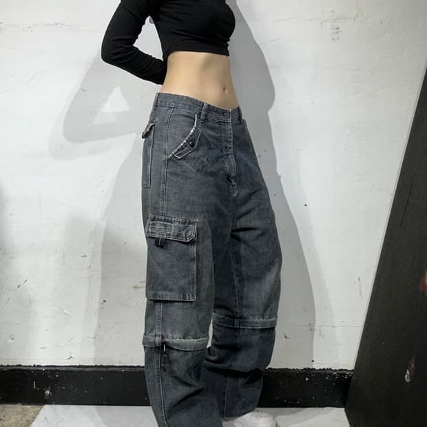 빈티지 RAZZO 중청 대대장 유틸리티 절개 와이드 데님 팬츠 청바지 