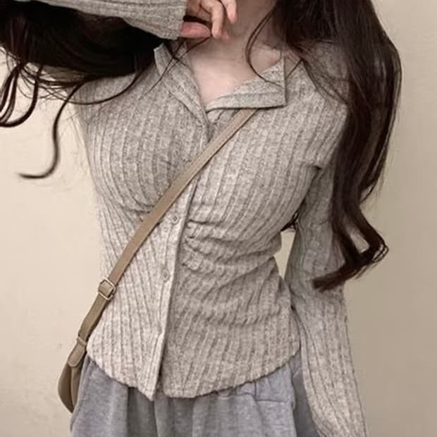 쫀쫀 골지 셔링 긴팔 오트밀 가디건 니트 딱붙핏 44