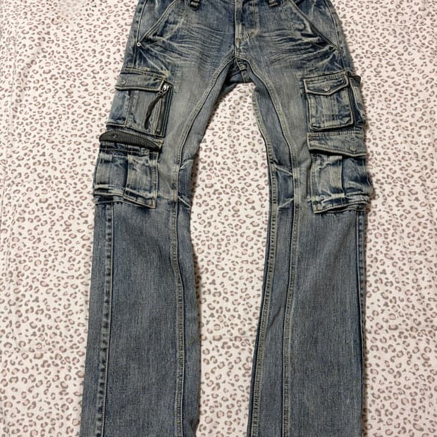 니콜 클럽 포맨 핀터깔 펑크 와투케 워싱 핀턱 카고 바이커 데님 팬츠