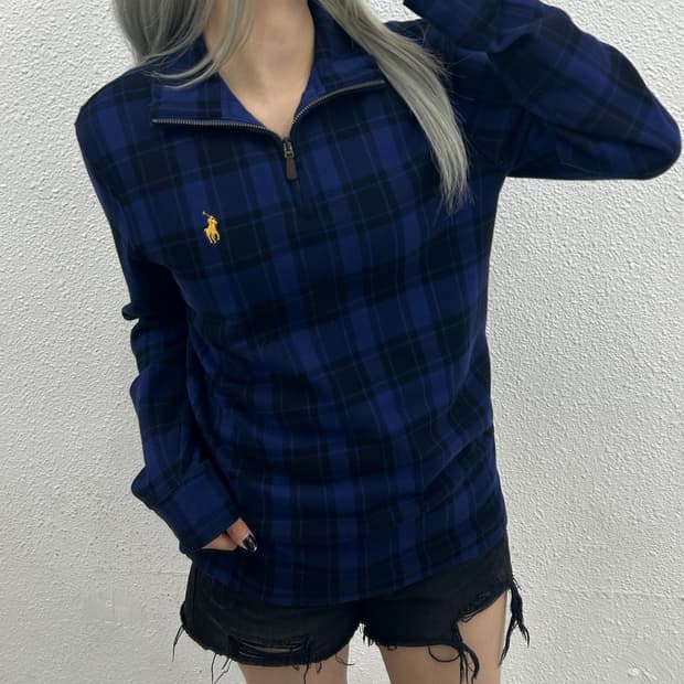폴로 랄프로렌 옐로우포니 블루 타탄체크 반집업 XS
