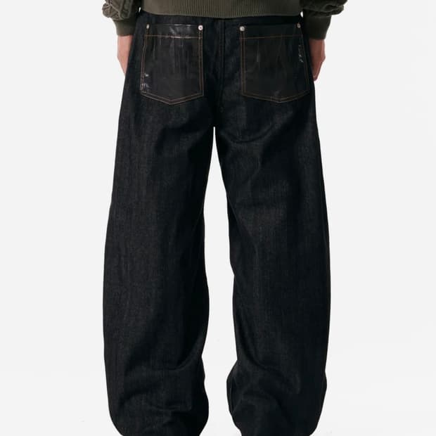 Leather Patch Denim Pants (Black)