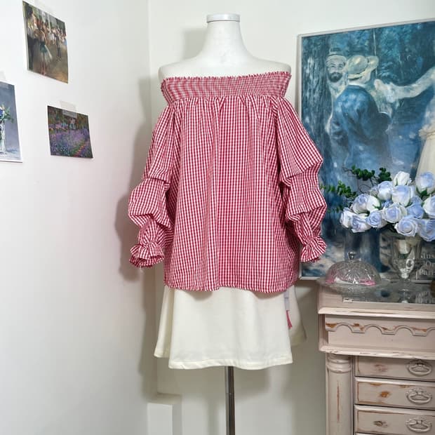 red check off-shoulder blouse