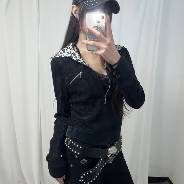 레오파드 카라 글리터 집업