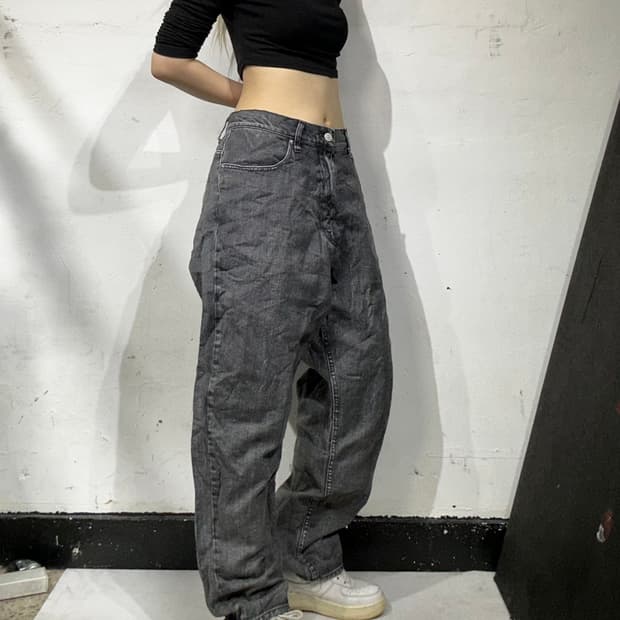 빔즈 흑청 와이드 조거 데님 팬츠 청바지 L
