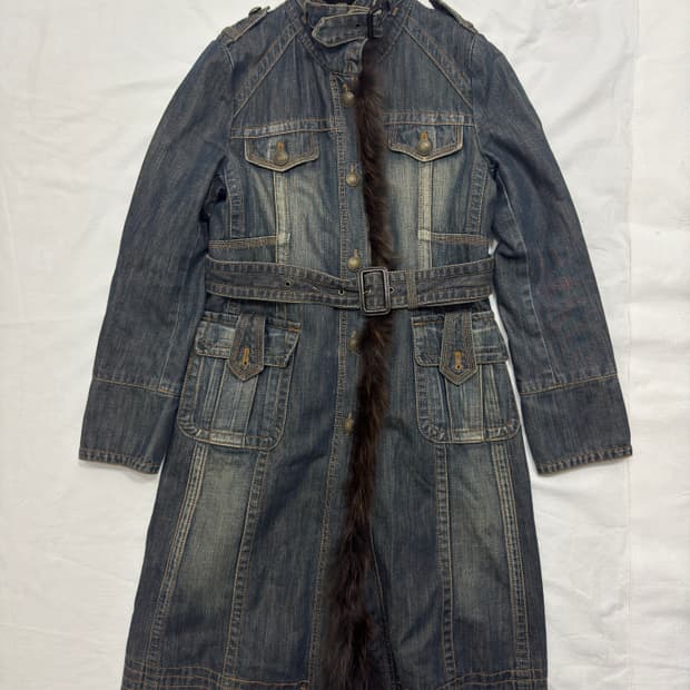 fox fur detail denim long jacket