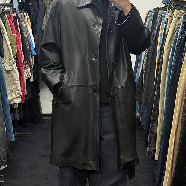 몽골 소가죽 가죽 레더 롱 코트 락시크 고스 펑크 벨티드 벨트 블랙 고딕