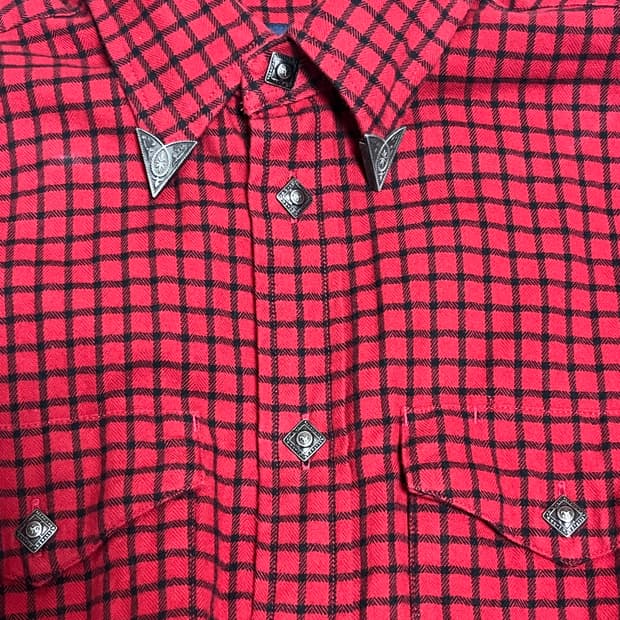 폴로 랄프로렌 실버 버튼 레드 체크 셔츠 M 스웨이드 패치