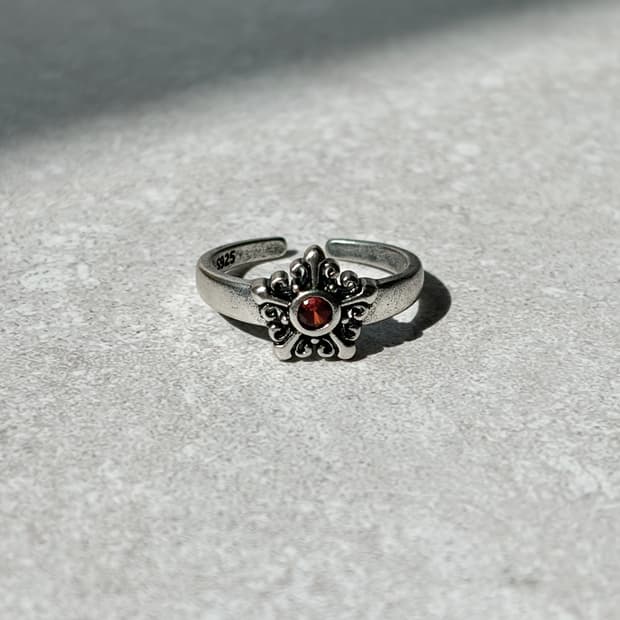 Oribell 크롬 플라워 레드 지르코니아 925실버 오픈링 반지