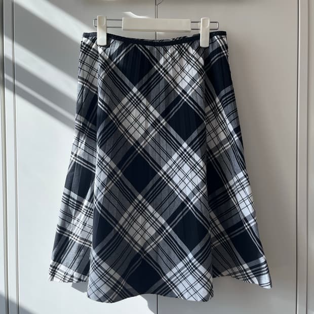 Vintage 체크 주름 플리츠 미디 스커트