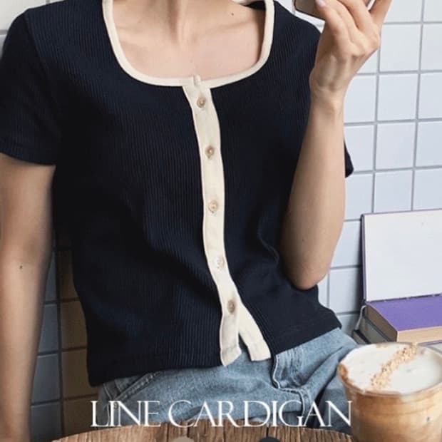 슬로우앤드 너티 스퀘어 골지가디건 네이비 반팔 봄옷 니트