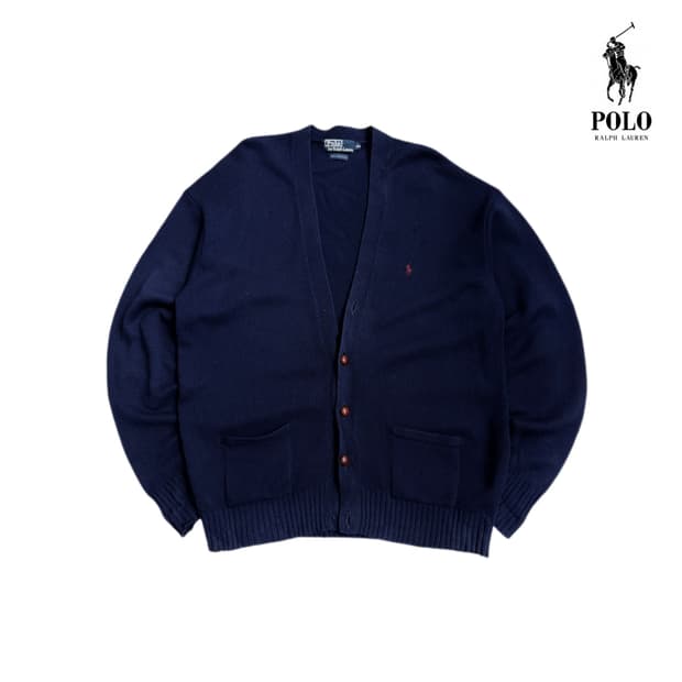 폴로 90s 포니 엘보우 레더 패치 니트 가디건