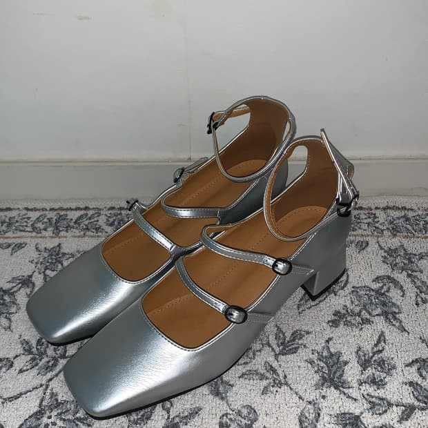 Silver Square toe Pumps Heel Shoes
