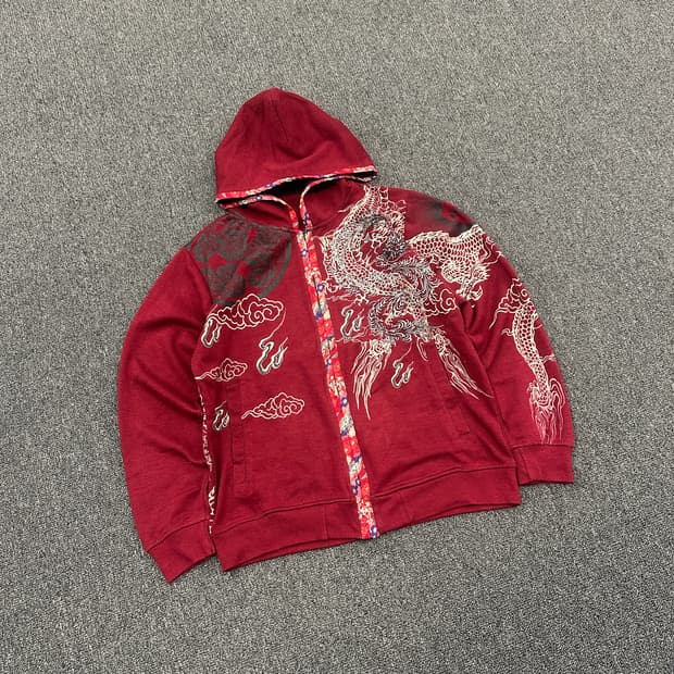 재패니즈 빈티지 버건디 오리엔탈 스카잔 후드집업 