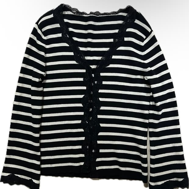스트라이프 레이스 클립 가디건 빈틴지