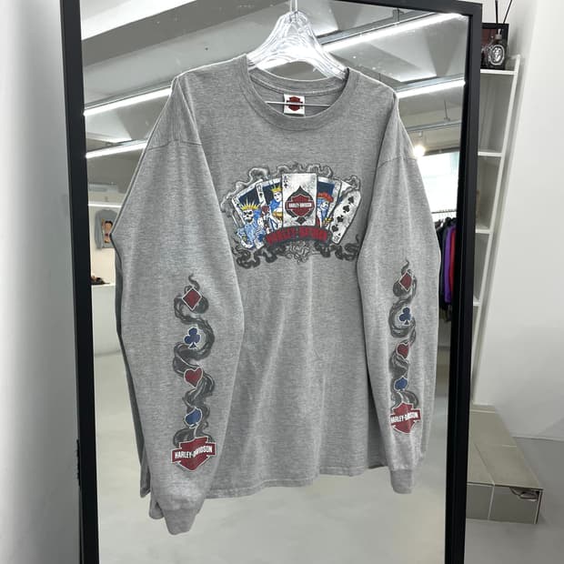 할리데이비슨 스컬 해골 트럼프카드 연기 롱슬리브