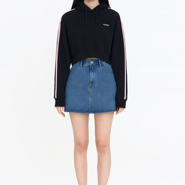 널디 NERDY 검정색 핑크라인 크롭 후드티_S