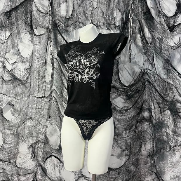 Y2K tie-die graphics See-through top