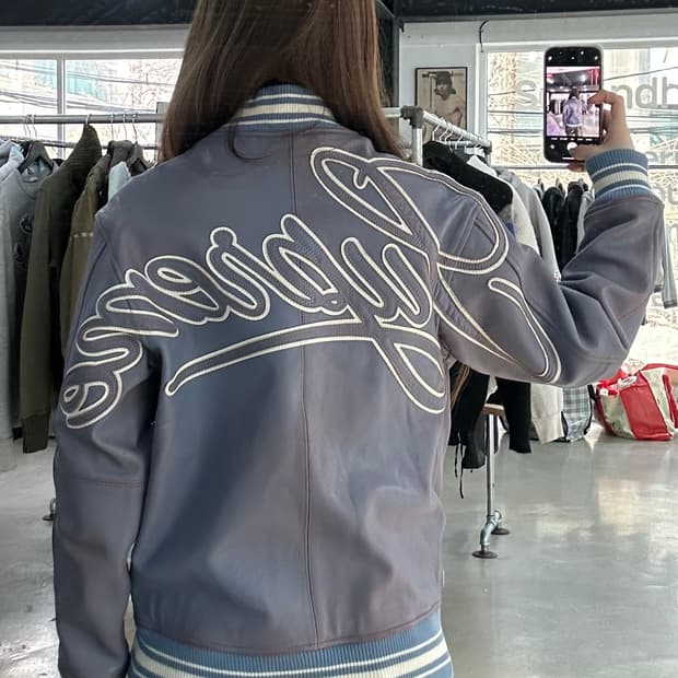 슈프림 19SS 원 레더 바시티자켓 블루