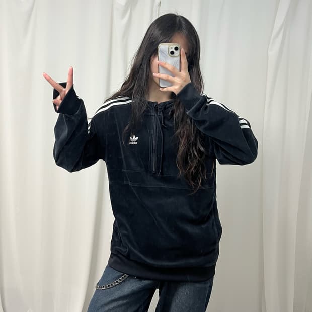Adidas black cozy velour half-zip hoodie