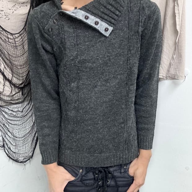 High Neck Design Button Detail Knit Slee