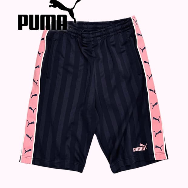 pink navy stripe logo shorts