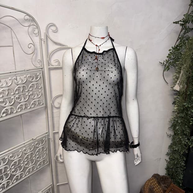 Black dot seethrough mesh halter 슬리브리스