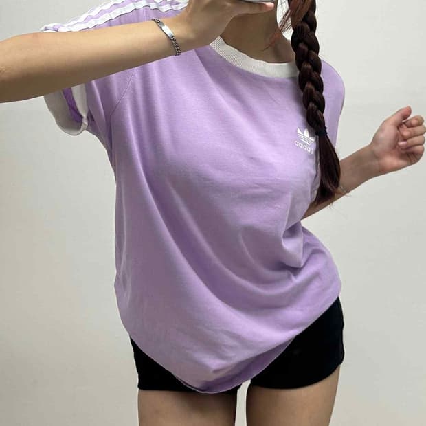 아디다스 신형 퍼플 러블리힙 걸즈 반팔 링거 티셔츠(M)