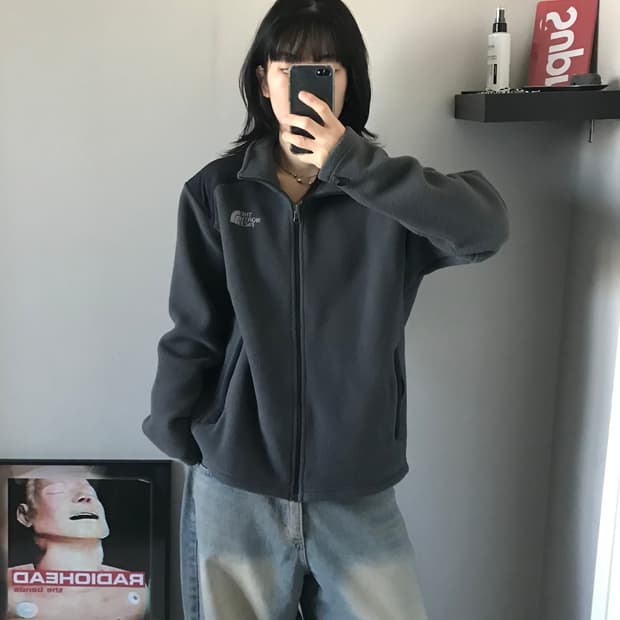 노스페이스 로고 그레이 플리스 집업