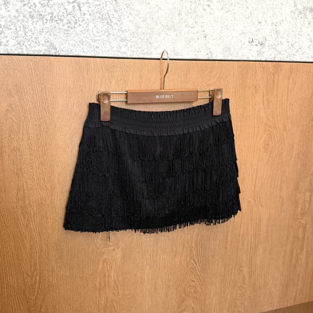 빈티지 프린지 태슬 미니 스커트 밴딩 디테일 블랙