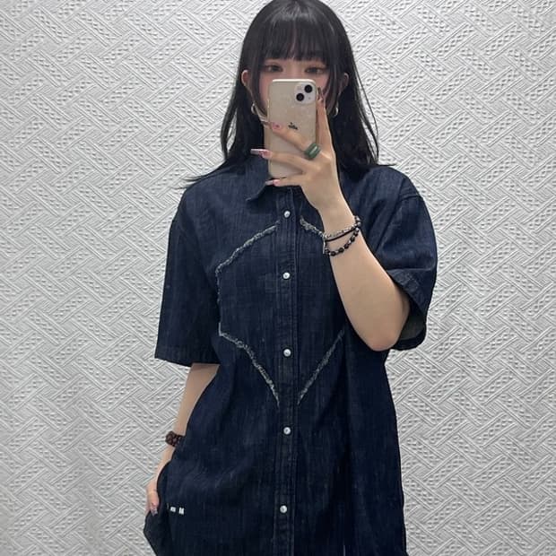 MMLG 빈티지 캐주얼 스트릿 키치 데님 셔츠 M C11796