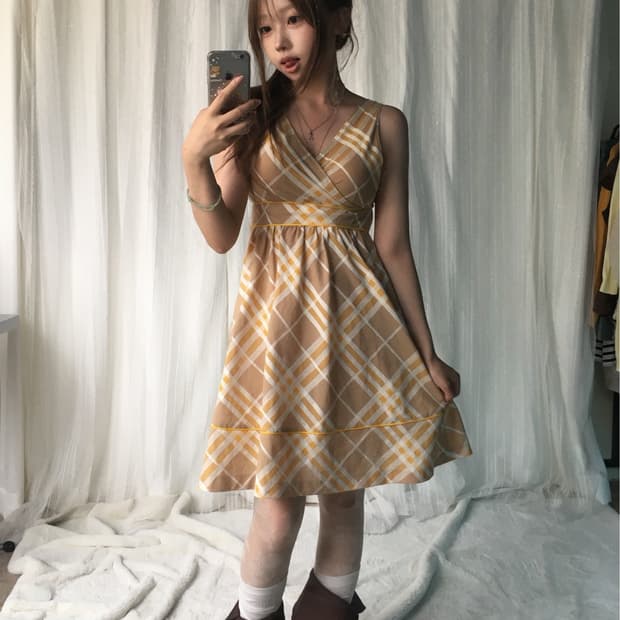 버버리 빈티지 레몬 베이지 체크 슬림핏 원피스