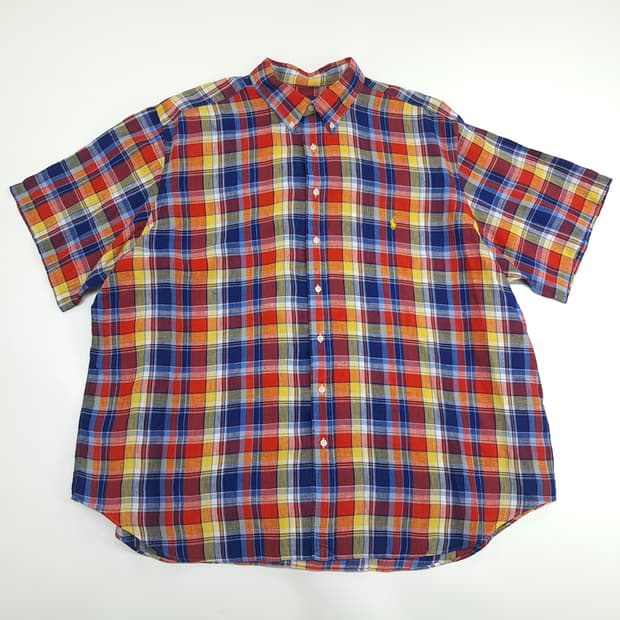 Co814 3XL Big 폴로 랄프로렌 매드라스 린넨 반팔 셔츠