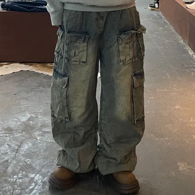 빈티지 워싱 멀티포켓 카고 데님 팬츠 H2094
