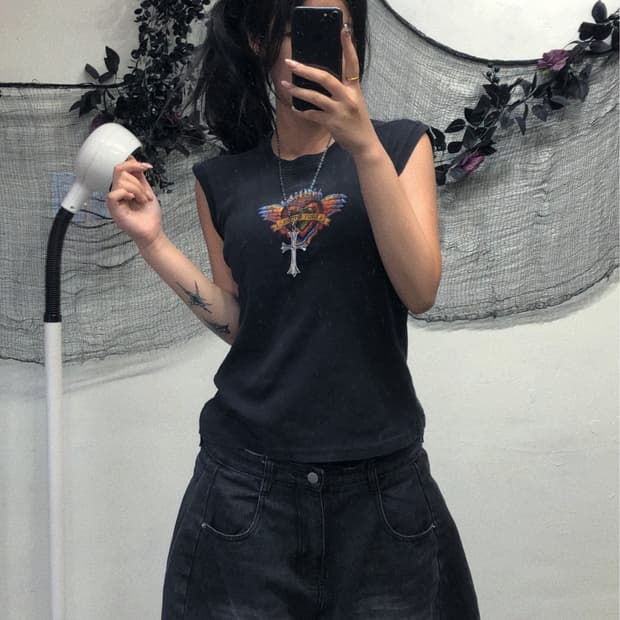 할리데이비슨 하트 프린팅 블랙 슬리브리스