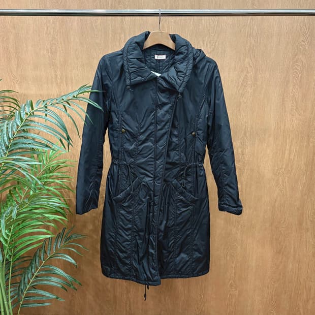 막스앤코 라이트 웨이트 후드 패딩 코트 허리 밑단 스트링 디테일 블랙