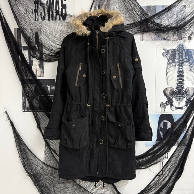 00s zipper detail fur long jacket