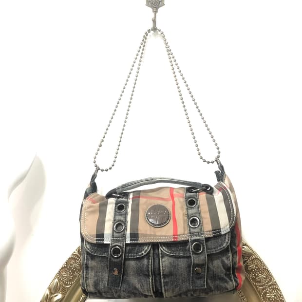 check pattern denim two pocket 숄더백 