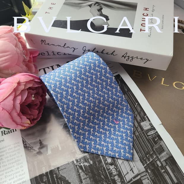 불가리 블루 애니멀 패턴 세븐폴드 넥타이 9.7cm A+~A등급 g5
