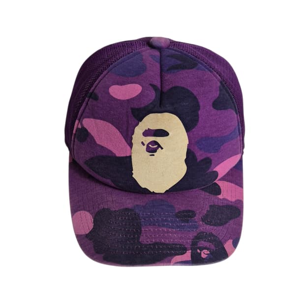 BAPE) 아카이브 베이프 퍼플 카모 에이프 헤드 매쉬캡
