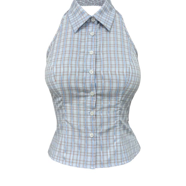 페일제이드) Check Halter-Neck Shirts Sky Blue