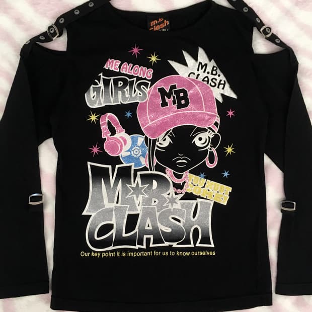 헤이세이 블랙 글리터 프린팅 팝 y2k 롱슬리브 티셔츠 오네갸루