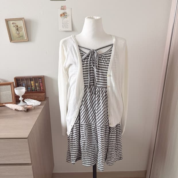 스트라이프 원피스+아이보리가디건