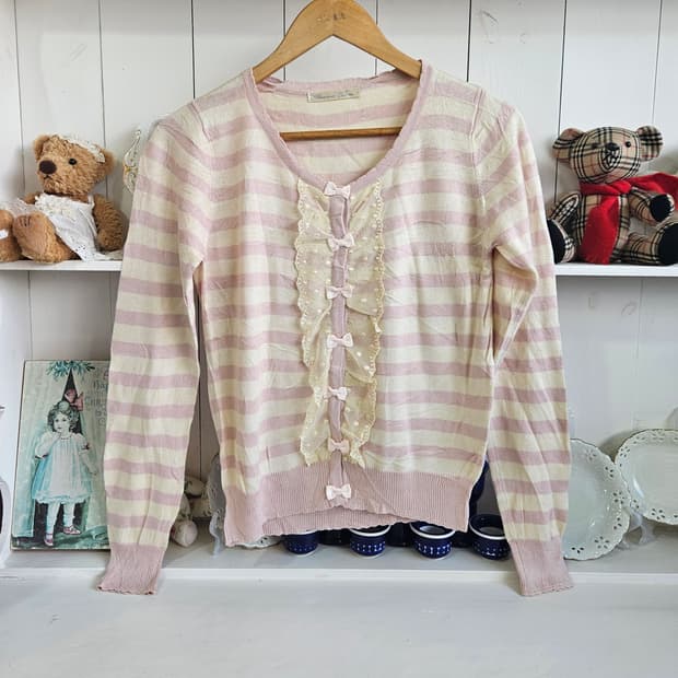 리본 레이스 스트라이프 핑크 가디건