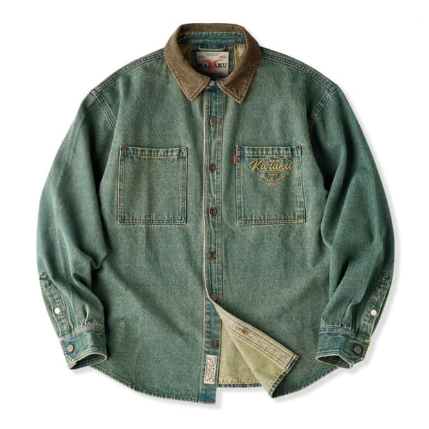 옷깃·코듀로이 배색 레트로 프린트 데님 워크 셔츠