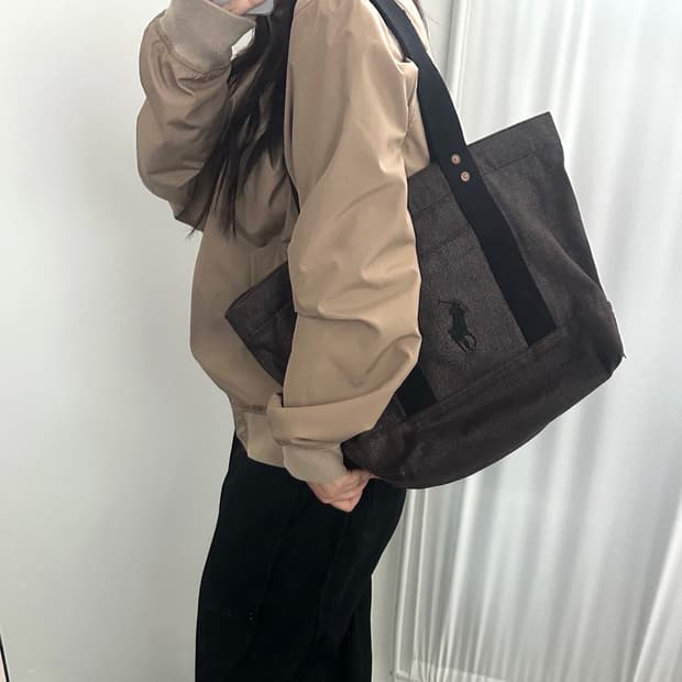 폴로 랄프로렌 브라운 메탈릭 캔버스 빅포니 토트백 