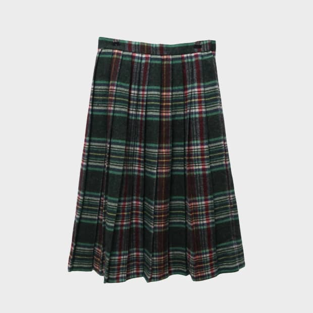 체크 울 혼방 플리츠 미디 스커트 62445