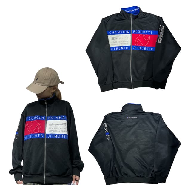 90s 챔피온 블랙 빅 로고 트랙탑 져지