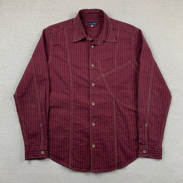 아르마니 진스 트윌 코튼 사선 포켓 버건디 스트라이프 셔츠
